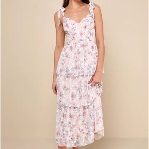 Lulus: “Flirtatious Radiance Blush Pink Floral Mesh Bustier Midi Dress” Medium